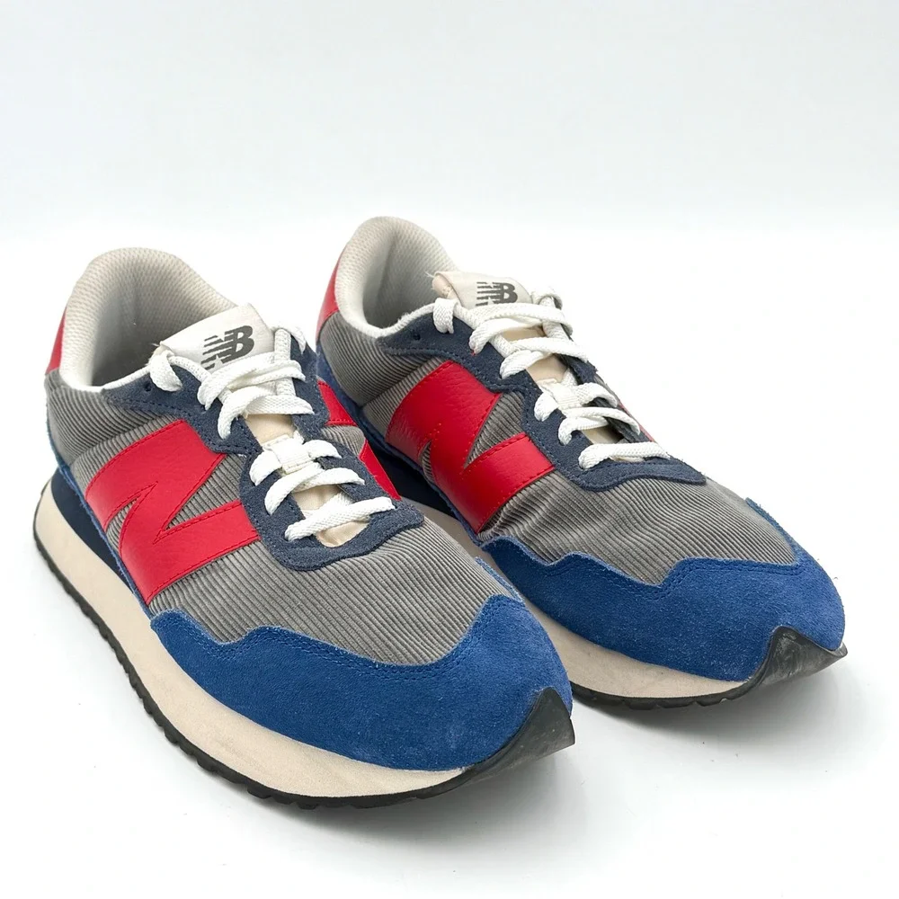 New Balance 237 Corduroy Suede Mens Sneakers Grey Blue Red MS237LE1 Size 10.5